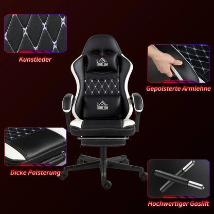 Ergonomic Gaming Chair with Footrest, Adjustable Reclining Computer Chair with Headrest & Lumbar Support, Faux Leather Swivel Gamer Chair