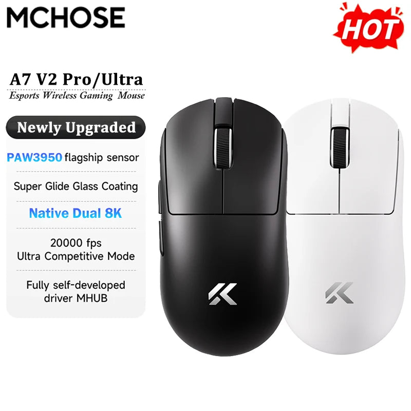 MCHOSE A7 V2 Ultra / Pro lahka brezžična gaming miška z dvojnim 8000Hz, PAW3950 TI, 42000DPI, za PC e-športne igralce