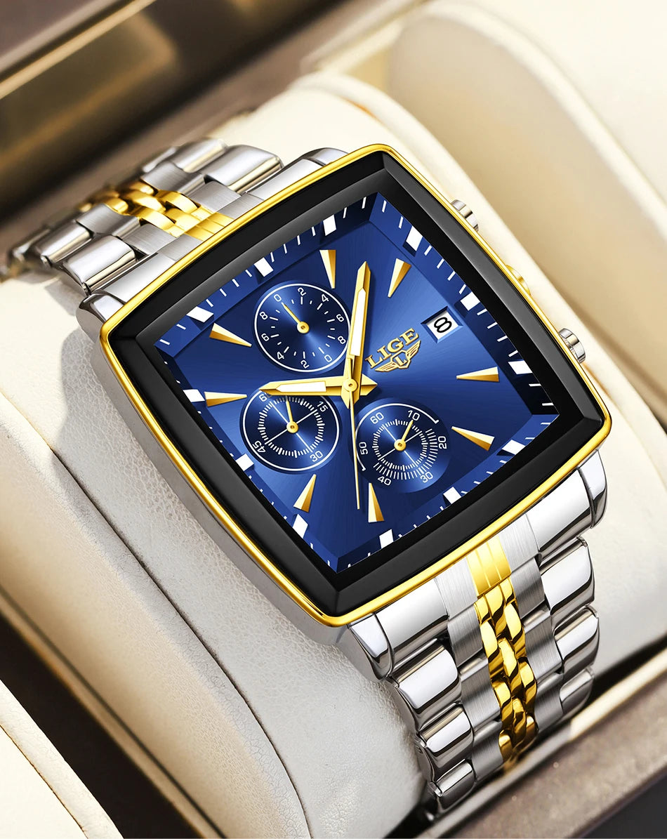 Relojes de lujo para hombre LIGE, modelo cuadrado, estilo clásico y moderno, de acero inoxidable, resistentes al agua, deportivos y desenfadados, con mecanismo de cuarzo.