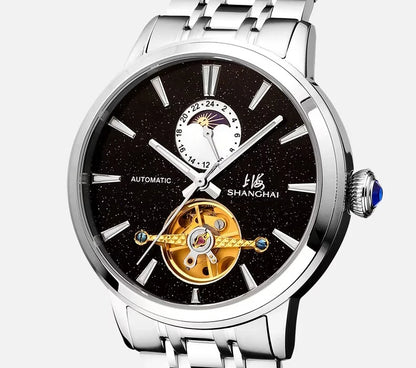Shanghai Watch Flywheel Men's Watches Calendar Starlight Dial Automatic Mechanical Wristwatch 316L Stainless Steel Clock S8609
