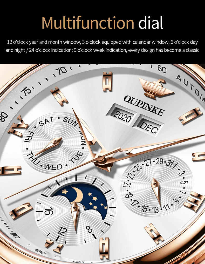 OUPINKE 3189 Classic Men's Watch Leather Strap Waterproof Moon phase Top Brand Automatic Mechanical Men's Wristwatch