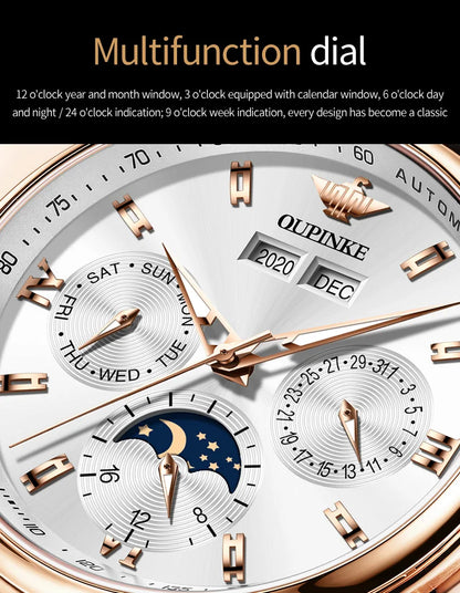 OUPINKE 3189 Classic Men's Watch Leather Strap Waterproof Moon phase Top Brand Automatic Mechanical Men's Wristwatch