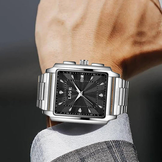LIGE men’s watch – Military-inspired and on-trend, square case, quartz chronograph, water-resistant, luxury brand