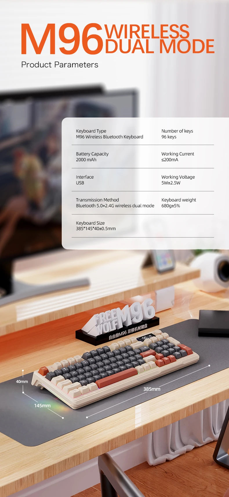 M96 Bluetooth Wireless Keyboard FREEWOLF Digital Display,RGB Backlight,2000mAh Battery & PBT Keycaps for PC/Laptop