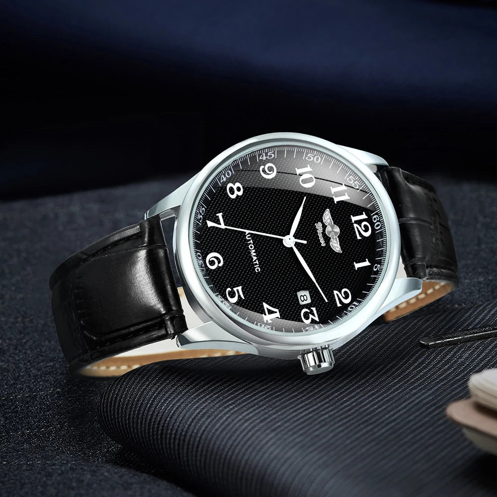 Klassiek herenhorloge – Retrostijl met datumweergave en blauwe wijzers, automatisch mechanisch uurwerk, prestigieus merk, stalen kast en leren band