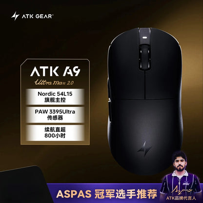 Ratón gaming inalámbrico Bluetooth ATK Dragonfly A9, diseño ergonómico, respuesta rápida, PAW3950 Ultra, 800mAh, ligero, 8KHz, esports