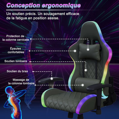 Rosahqnda LED gaming chair with ergonomically adjustable backrest, PU leather office chair, lumbar support cushion & pillow