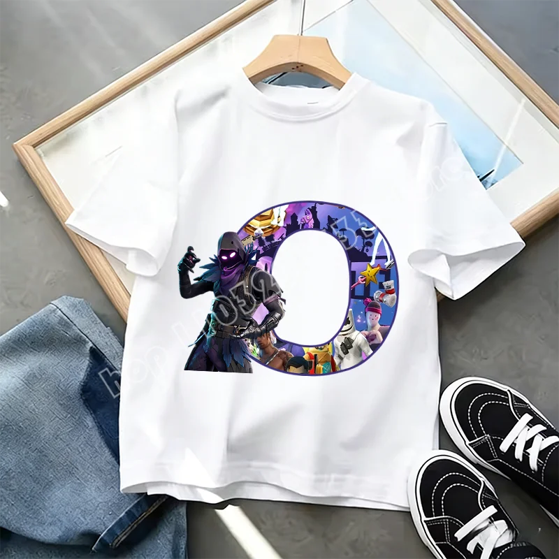Тениска Fortnite A-Z Alphabet Print за деца, лятна бяла дреха, популярна тениска с анимационна игра, модерен ежедневен топ с къс ръкав, подарък