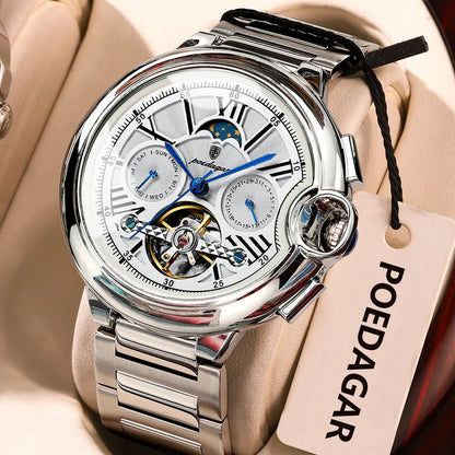 Montre pour homme POEDAGAR, style luxe et professionnel, avec affichage de la date et du jour, tourbillon, boîtier en acier inoxydable, mouvement mécanique automatique et étanchéité.