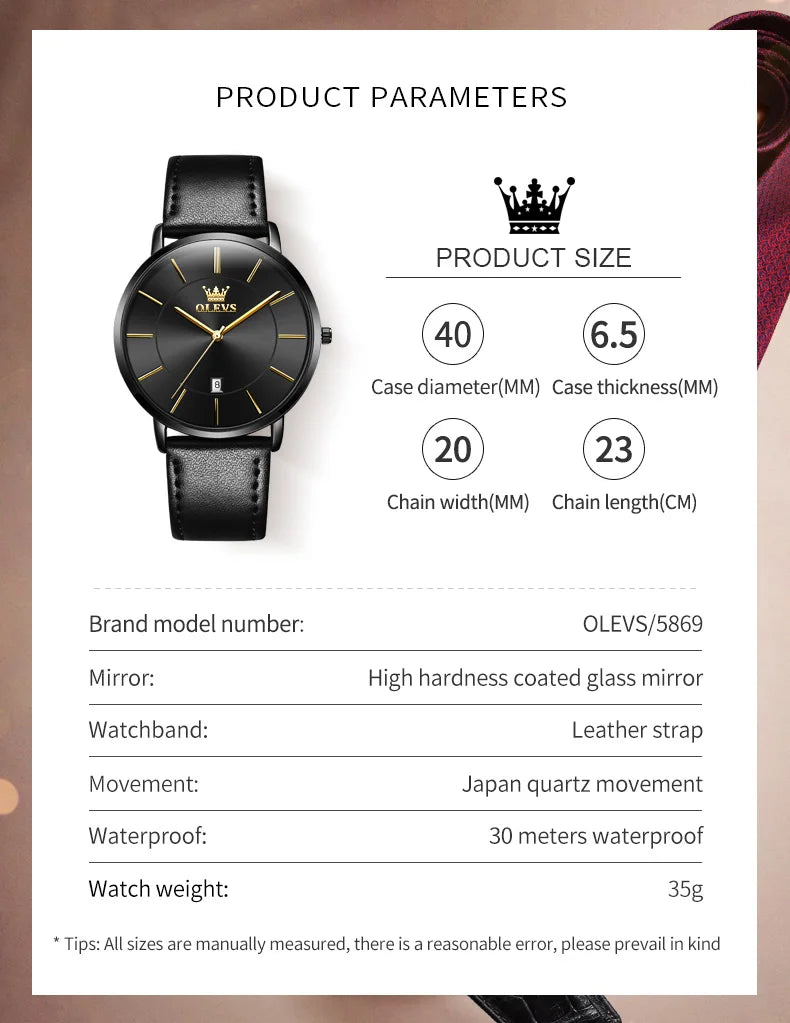 OLEVS 5869 Men's Watch Japan Quartz Movement Thin Case Fashion Waterproof Watch For Men Calendar Simple Original Male Wristwatch