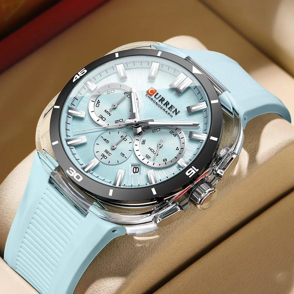 Montre pour homme CURREN – Nouveau modèle de luxe à quartz, bracelet en silicone, style sportif, multifonction, étanche, lumineuse, avec affichage de la date et chronomètre.