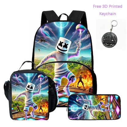 3-teiliges FORTNITE Cartoon-Schulset mit leichtem Rucksack, Fronttasche, Lunchbox und Federmäppchen für Kinder von 5-9 Jahren + kostenloser 3D-gedruckter Schlüsselanhänger