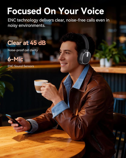 Active Noise Cancelling Headphones Bluetooth 6.0 Wireless Over-Ear Headphones Foldable with LED Power Display & 6-Mic ENC Calls