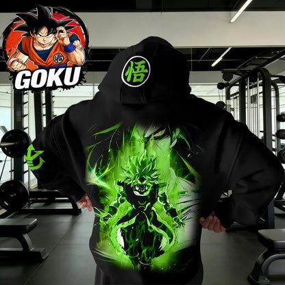 Retro fitness mikina s kapucňou Dragon Ball na jeseň/zimu 2026, 100% bavlna, zelená potlač Broly, oversized streetwear pre mužov a ženy