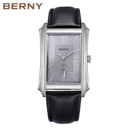 BERNY Watch for Men Rectangle Japan Quartz Wristwatch Waterproof Business Rectangular Dress Male Clock Top Genuine Leather Strap