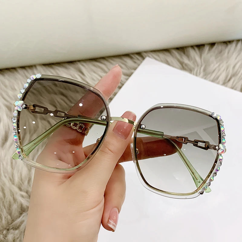Rhinestone Decor Rimless Fashion Sunglasses For Women Men Casual Gradient Glasses For Summer Beach Party UV400