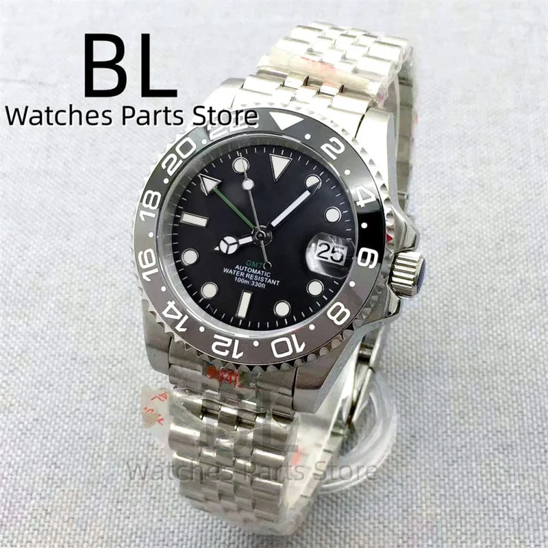 BLIGER 40mm NH34 GMT Watch For Men With Black Gray Ceramic Bezel Sapphire Glass Green Gmt Hands Green GMT Text Jubilee Bracelet