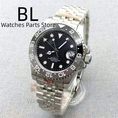 BLIGER 40mm NH34 GMT Watch For Men With Black Gray Ceramic Bezel Sapphire Glass Green Gmt Hands Green GMT Text Jubilee Bracelet