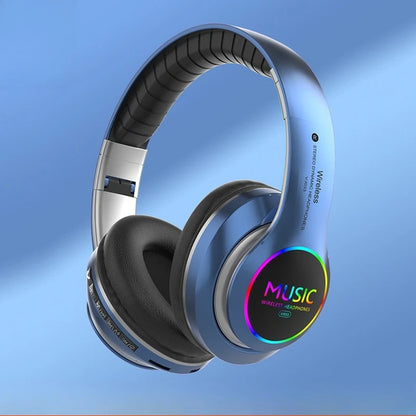 Casque audio RGB Bluetooth 5.0 sans fil, stéréo, circum-auriculaire, avec radio FM, carte TF, AUX, design pliable, 10H d'autonomie