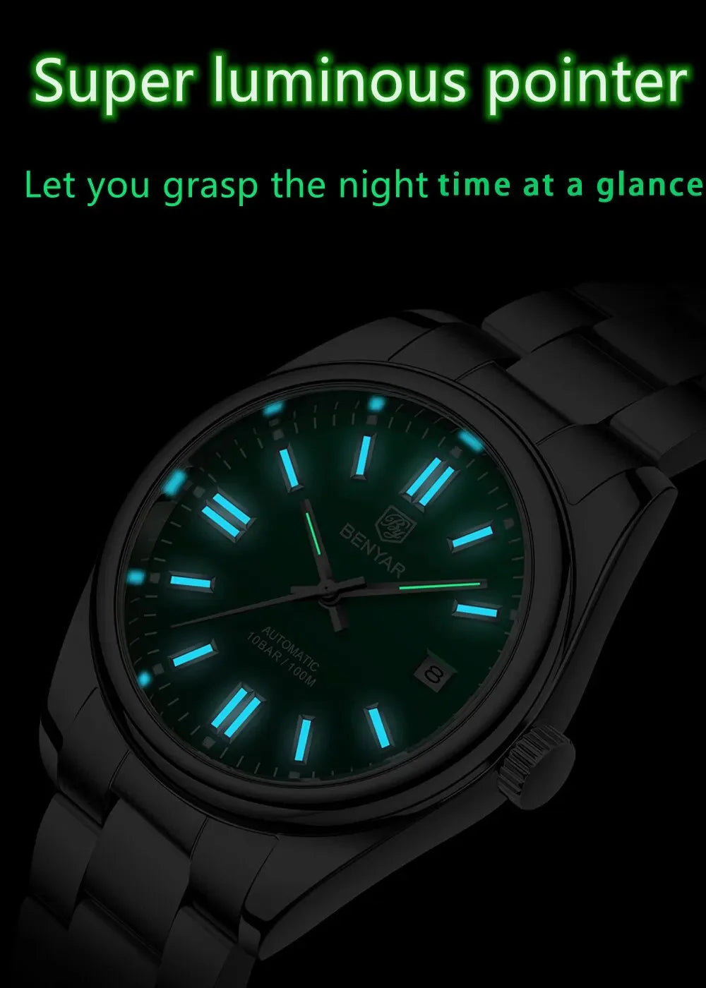 BENYAR 39mm Automatic Mechanical Watch Seagull Movt Men Stainless Steel 100M Waterproof Clock BWG-9 Luminous Reloj Hombre