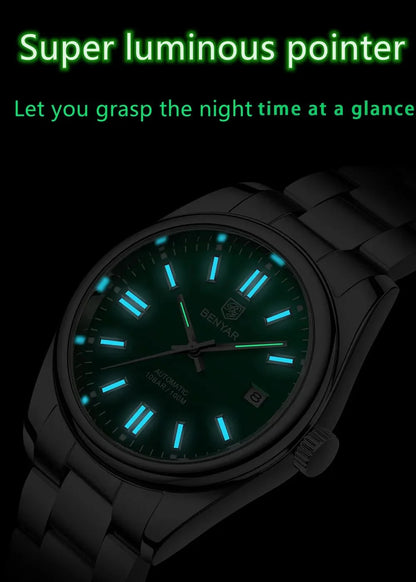 BENYAR 39mm Automatic Mechanical Watch Seagull Movt Men Stainless Steel 100M Waterproof Clock BWG-9 Luminous Reloj Hombre