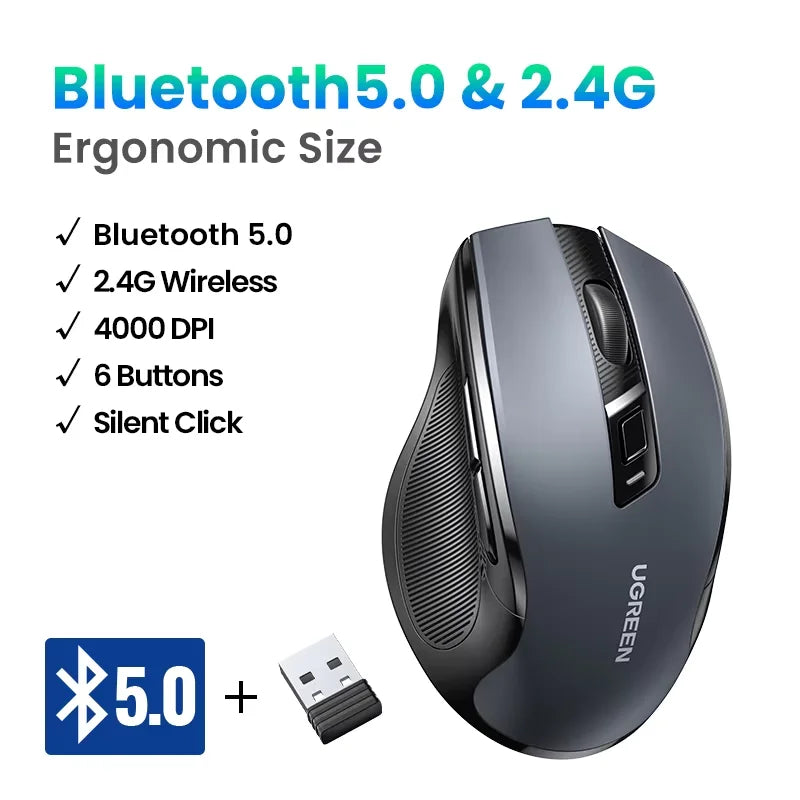 UGREEN Wireless Mouse Bluetooth 5.0 Mouse Ergonomic 4000DPI 6 Mute Buttons Mouse For MacBook Tablet Laptops Computer PC 2.4G Mice