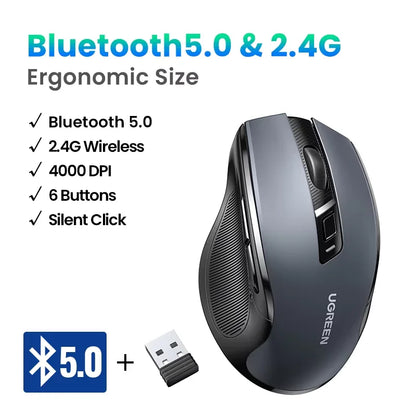 UGREEN Wireless Mouse Bluetooth 5.0 Mouse Ergonomic 4000DPI 6 Mute Buttons Mouse For MacBook Tablet Laptops Computer PC 2.4G Mice