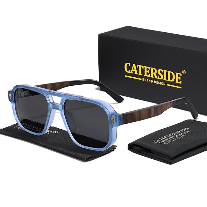 CATERSIDE Fashion Men Polarized Sunglasses Retro Luxury Brand Design Solid Wood Temple Sun Glasses Women Driving Party Glasses