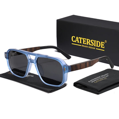 CATERSIDE Fashion Men Polarized Sunglasses Retro Luxury Brand Design Solid Wood Temple Sun Glasses Women Driving Party Glasses