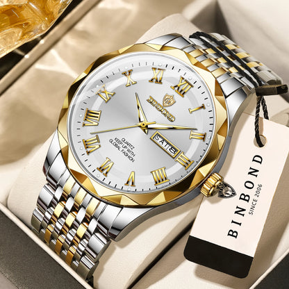Luxe BINBOND Original Brand quartz-polshorloge voor heren, verlicht, waterdicht, automatische datum, weergave van de weekdag, casual stijl.