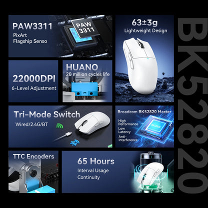 Mouse da gaming ATTACK SHARK X11 e mouse wireless X11 SE 22000 DPI, sensore PAW3311, BT/2.4G/cablato, ultraleggero 59g, 2000W clic