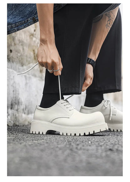 Thick Sole Casual Genuine Leather Dress Shoes Men Platform Heighten Japan Harajuku Korean Streetwear Fashion Shoes White