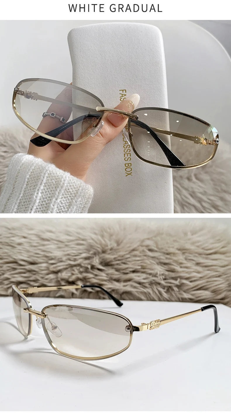 Gradient Oval Frameless Women's Sunglasses High Quality Luxury Brand Y2k Rimless Glasses Women High-end Punk Popular Shades UV