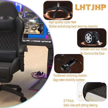 Hestora PU-Leder-Gaming-Stuhl für große und kräftige Personen, ergonomischer Computerstuhl mit hoher Rückenlehne, Fußstütze, Massagefunktion und Lordosenstütze für Erwachsene