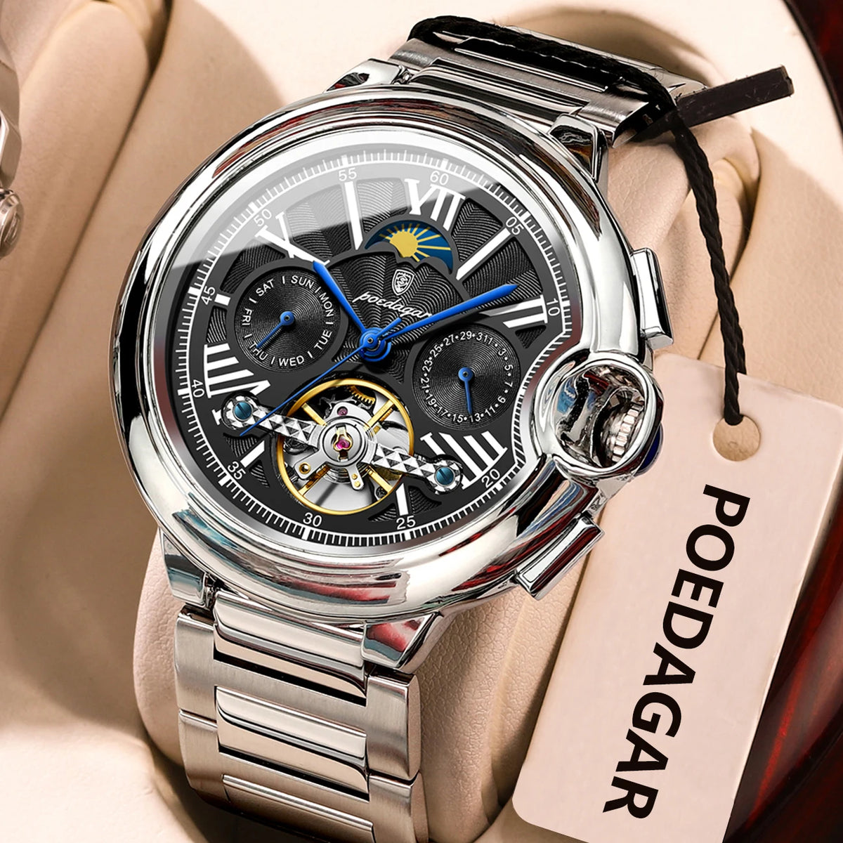 Montre pour homme POEDAGAR, style luxe et professionnel, avec affichage de la date et du jour, tourbillon, boîtier en acier inoxydable, mouvement mécanique automatique et étanchéité.