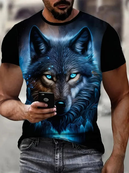 Fire Wolf Grafik-3D-Print Herren-T-Shirt Sommer Oversized Casual T-Shirt Herrenmode Fitness Kurzarm-Oberteil Tee-Shirt