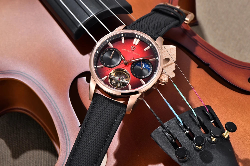 PAGANI DESIGN – Mechanische Luxusuhr für Herren, 41 mm, Saphirglas, Lederarmband, wasserdicht, Pilotenstil, mit Tourbillon und Mondphase