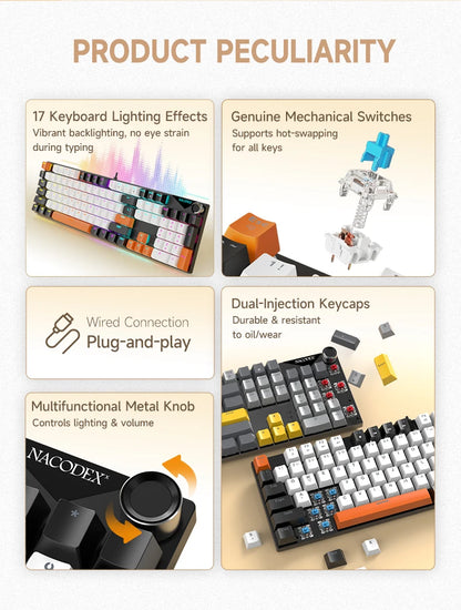 AJAZZ NK104 Mechanical Keyboard Wired dual-injection keycaps 104 Hot-Swapping LED Hybrid Backlight Gamer Keyboard for Laptop PC