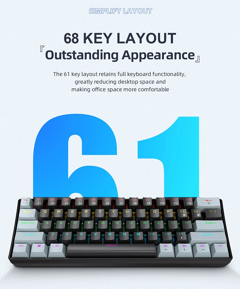 APAYADO K61 Mini 60% Gaming Keyboard 61-Key, Wired, Portable, RGB Lighting, Red/Blue Switch, Black/White/Red Colors