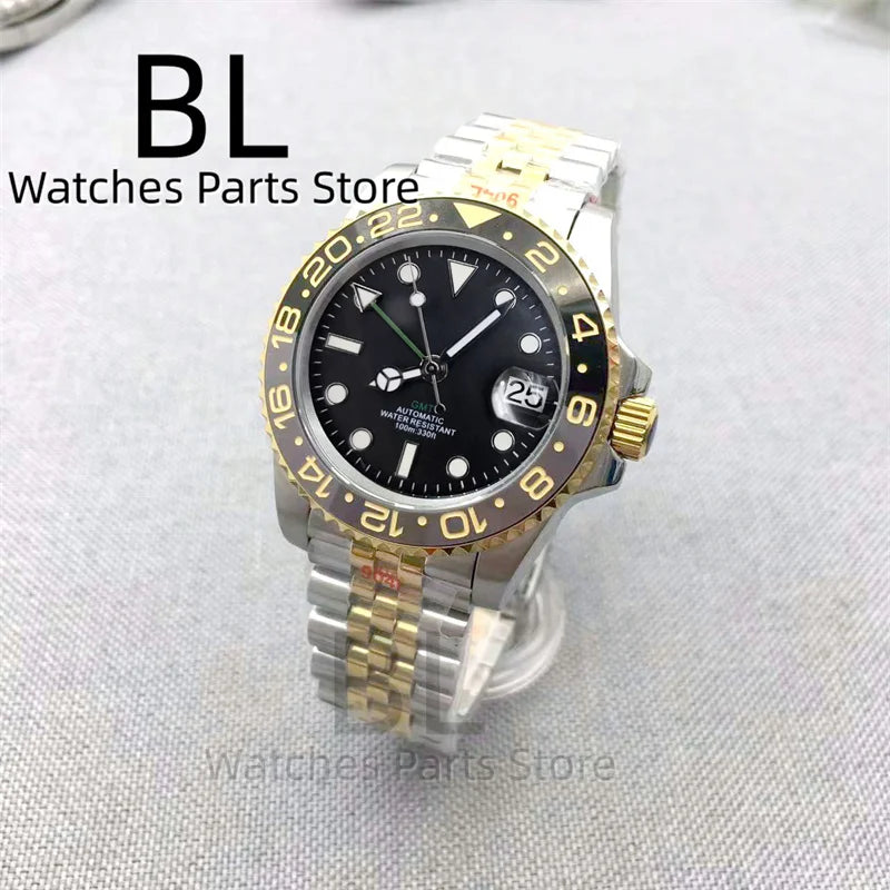 BLIGER 40mm NH34 GMT Watch For Men With Black Gray Ceramic Bezel Sapphire Glass Green Gmt Hands Green GMT Text Jubilee Bracelet