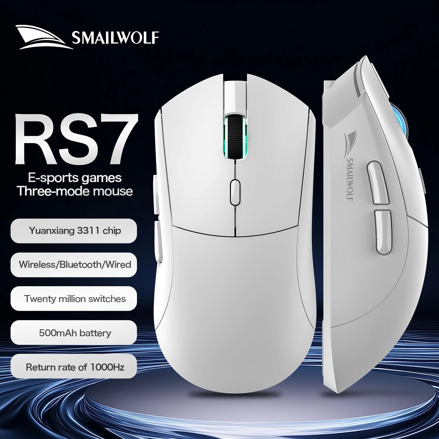 SMAILWOLF RS7 Bluetooth trådløs gamingmus, tre tilstande, PAW3311, makroprogrammerbar mus til laptop, gaming og kontor