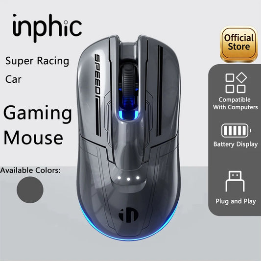 INPHIC Super Racing Car Series brezžična Bluetooth gaming miška, baterija 500mA, prikaz napolnjenosti in prilagoditev svetlobnih učinkov