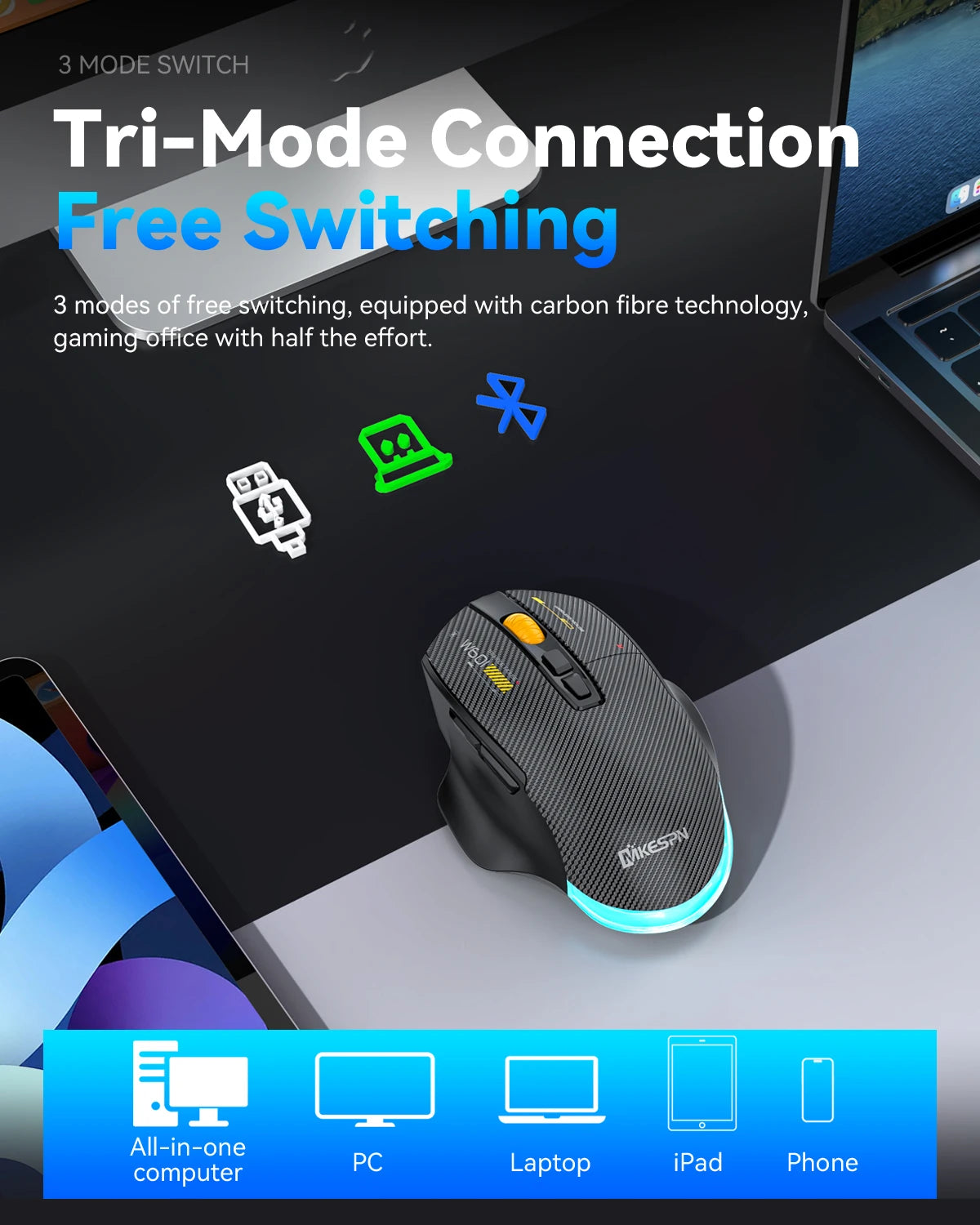 Ποντίκι gaming από ανθρακονήματα 12800DPI, 2.4G ασύρματο, Bluetooth και ενσύρματο, τριπλής λειτουργίας, αθόρυβο κουμπί, προγραμματισμός macro, 500mAh, 7 πλήκτρα