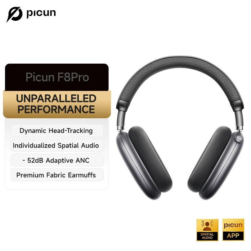Picun F8 Pro ANC Kabellose Kopfhörer mit Head Tracking, 3D Spatial Audio, -52dB ANC, HIFI Bluetooth-Headset, ENC HD-Mikrofon, niedriger Latenz und App
