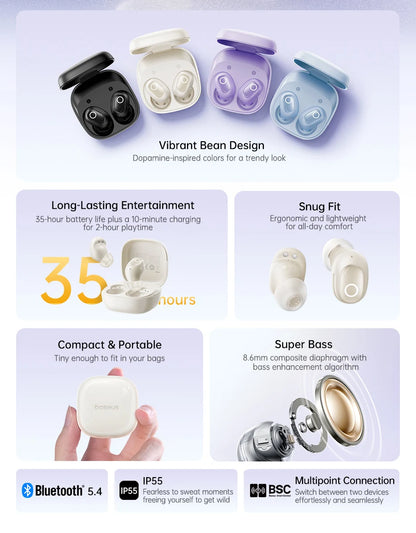 Baseus Bass BD1 Wireless Earphones Bluetooth 5.4 Mini Bean Earbuds 38H Playtime IP55 Waterproof Sports Headphones