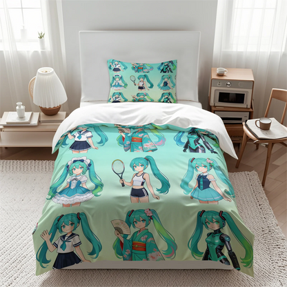 Komplet posteljnine Hatsune Miku v slogu chibi – simpatična anime posteljnina z vzglavniki za igralno sobo, dekoracija za otroško in najstniško spalnico, darilo za oboževalce