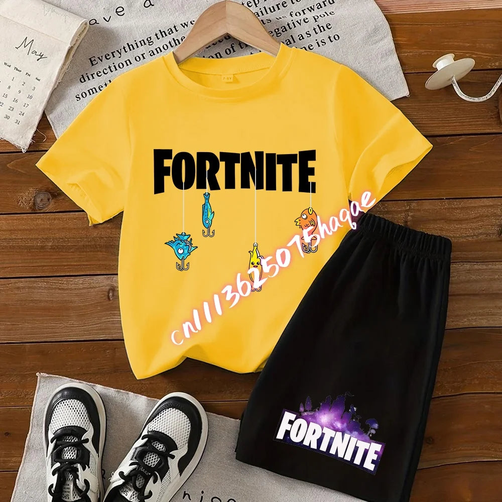 Летен комплект Fortnite с тениска и къси панталони за момчета и момичета, 2 части, детски дрехи с горнище, тениска и панталони, принт Fortress Night, подарък