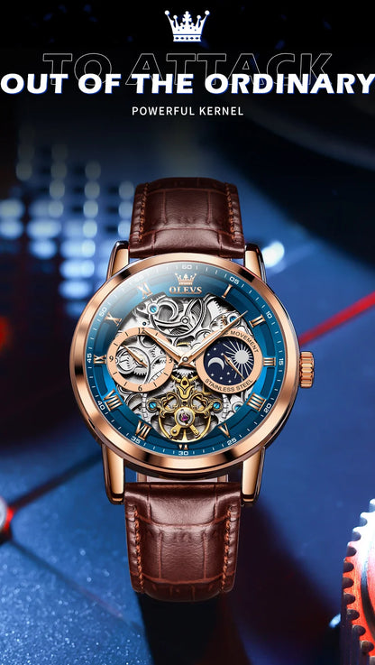 OLEVS Top Brand Men's Skeleton Mechanical Watch, Waterproof Leather Strap, Moon Phase, Automatic Tourbillon Wristwatch