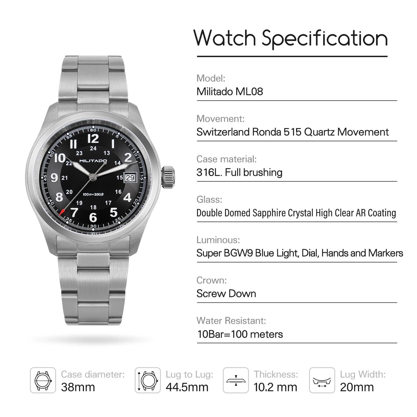 Militado ML08 Vintage Quartz Watch Ronda 515 Movement Ar Sapphire Mirror 38Mm Wrist Watch Date Super Luminous Waterproof Watches