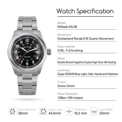 Militado ML08 Vintage Quartz Watch Ronda 515 Movement Ar Sapphire Mirror 38Mm Wrist Watch Date Super Luminous Waterproof Watches